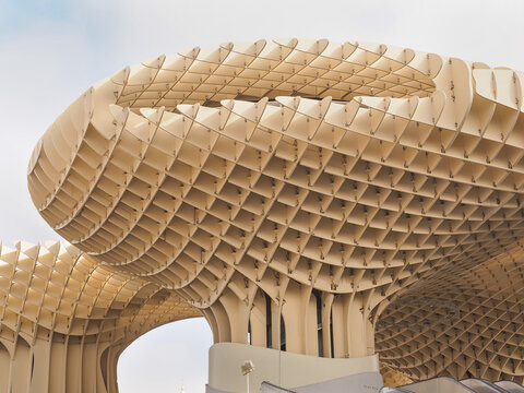 Observation deck Metropol Parasol or Las Setas De Sevilla located at La Encarnaci&oacute;n square. Sculptural wooden structure with museum, rooftop walkway and viewpoint. Seville, Spain - 02 24 2020.