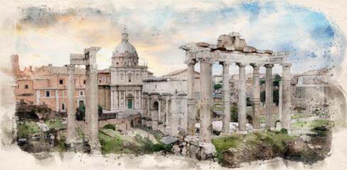 Fototapeta na wymiar Panoramic view of Ruins of Roman Forum in Rome, Italy, also known as Foro di Cesare, or Forum of Caesar. Watercolor style illustration
