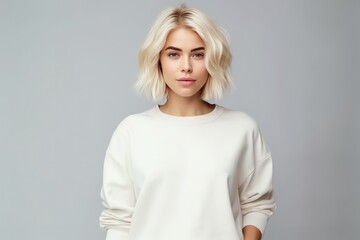 Obraz premium Pretty Blonde Woman In Cream Blank Sweatshirt Highquality Photo