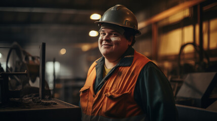 Portrait of a young man with Down syndrome working in a factory. A smiling man with mental retardation wearing a hard hat at an industrial enterprise. Social integration concept.