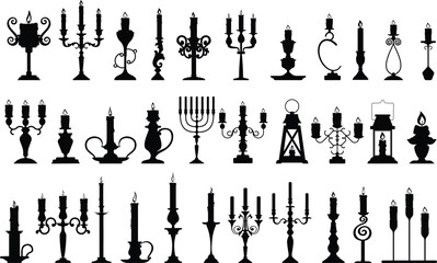 Silhouettes of candlesticks vector illustration. Black candlestick icons isolated on white background