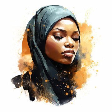 Portrait of a black Young Muslim woman wearing a hijab illustration isolated on a white background, watercolor clipart 
