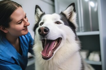 Vet Examining Happy Dog In Veterinary Clinic. Сoncept Pet Wellness Check, Veterinary Care, Furry Friends, Health And Happiness