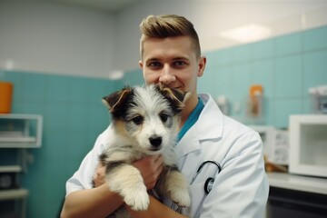 Veterinarian Holds Cute Dog Puppy In Veterinary Clinic Highquality Photo