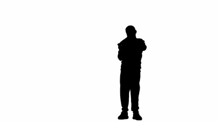 Portrait of kid boy isolated on white background with alpha channel. Silhouette of schoolboy standing posing with skateboard looking at camera.