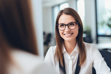 Fototapeta premium Woman Smiling In Job Interview With Hr Manager. Сoncept Job Interview Success, Professional Attire, Confident Body Language, Positive First Impression