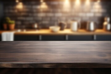Wooden table on blurred kitchen bench background. Empty black wooden table and blurred kitchen background  - obrazy, fototapety, plakaty