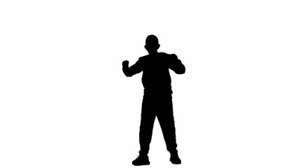 Portrait of kid boy isolated on white background with alpha channel. Silhouette of schoolboy posing at the camera holding hands up wining gesture.
