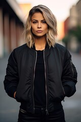 portrait of a young woman wearing a black bomber jacket - obrazy, fototapety, plakaty