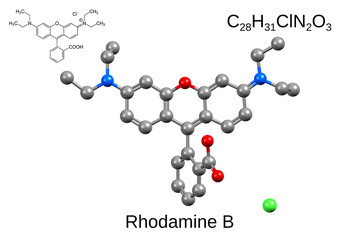 Chemical formula, structural formula and 3D ball-and-stick model of fluorescent dye rhodamine B