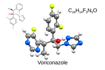 Chemical formula, structural formula and 3D ball-and-stick model of antifungal agent voriconazole