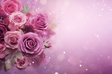 Romantic pink purple roses flower border on soft glitter background 