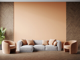 Luxury living room in trend 2024 color. Peach fuzz 2024 color trend walls, lounge furniture.  Empty space for art or picture. Rich interior design pastel. Mockup lounge or reception hall. 3d render