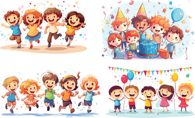 child boy and girl cartoon childhood cute fun illustration vector person happy character cheerful design celebration balloon background funny holiday joy party happiness