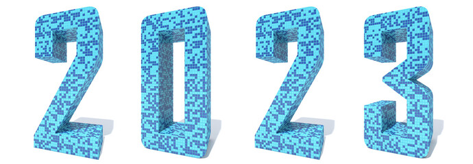 Conceptual 2023 year made of blue light and dark square mosaic ceramic or glass tiles isolated. Abstract 3D illustration as a  metaphor for future, vision, real estate, prosperity or business growth