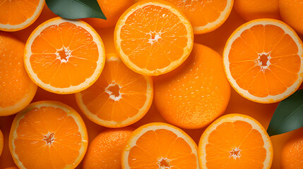 Orange slices background. Orange slices close-up. Top view.