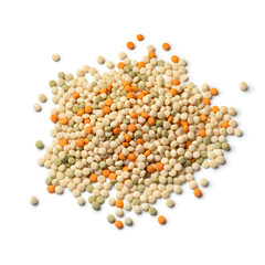 Heap of raw uncooked pearl couscous tricolore isolated on white background close up