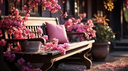 A cozy garden nook with a wooden bench surrounded by blooming flowers, providing a tranquil spot to enjoy the sights and scents of spring