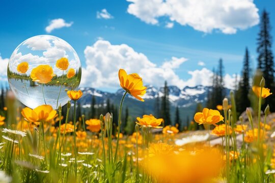 
Bright sunny spring landscape with the wild Globe-flowers on the meadow near the aspen forest