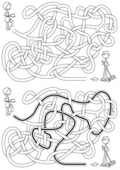 Cleaning maze for kids with a solution in black and white