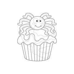 Halloween muffin with spider. Coloring book for children.