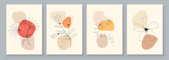 Abstract Botanical Organic Art Illustration. Set of soft color painting wall art for house decoration. Minimalistic canvas background design. Vector wall art plants in boho style. © great_bergens