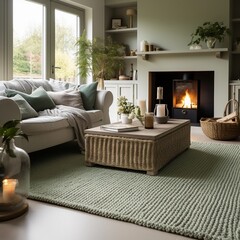 Fototapeta premium Close up of a beautiful carpet in the living room in a green and white colours