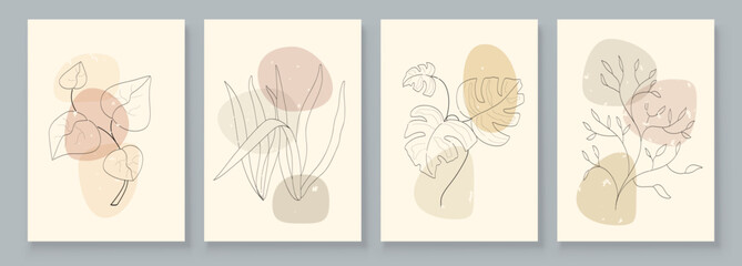 Abstract Botanical Organic Art Illustration. Set of soft color painting wall art for house decoration. Minimalistic canvas background design. Vector wall art plants in boho style. © great_bergens