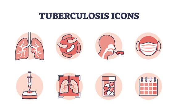 Tuberculosis icons with simple TB lung bacterial infection outline elements. Respiratory condition and lung disease checkup, inflammation diagnosis, treatment, and medical care vector illustration.