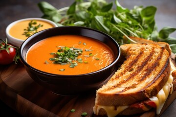 Grilled cheese sandwich with tomato soup, Comfort homemade hearty food for winter season - obrazy, fototapety, plakaty