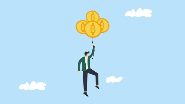 2d animated of young man traders or investments fly into the sky with gold coin hot air balloons. the concept of investing in crypto makes a profit. 4k animation motion graphic video footage.