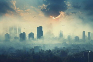 Fototapeta na wymiar A city skyline with smog, fog and smoke.Air pollution of the city, environmental problem. Generative Ai
