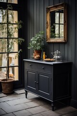 mirror with a black dresser at the entrance