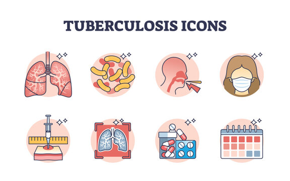 Tuberculosis icons and TB bacterial infection treatment outline concept. Lung illness and pulmonary condition diagnosis, symptoms, research and medical care vector illustration. Respiratory disease.
