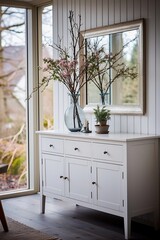mirror with a white dresser at the entrance