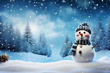 Panoramic view of happy snowman in winter scenery with copy space