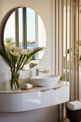 mirror with a white dresser at the entrance