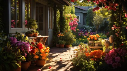 Fototapeta na wymiar looming House Garden - Vibrant Flowers, Lush Greenery, Sunlight Harmony, Diversity Of Plant Species