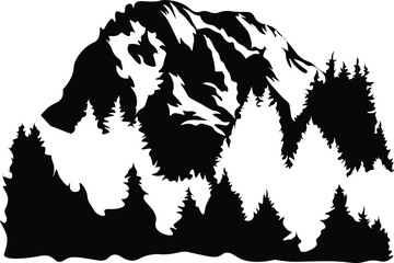 Cartoon Black and White Isolated Illustration Vector Of A Mountain Landscape with Trees