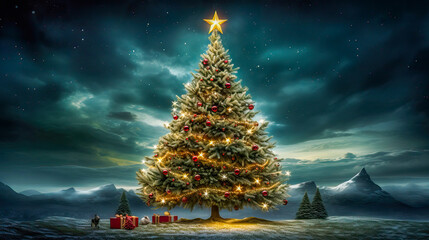 Beautiful Christmas tree in a night landscape