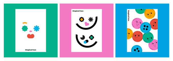 Graphic design of faces with different shapes Create interesting and unique faces cartoon postcard poster artwork heart eyes mouth pierrot vector set emotion emoji face expression - obrazy, fototapety, plakaty