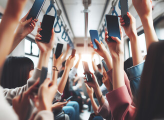 People in public transport and they're all looking at their phones. - obrazy, fototapety, plakaty
