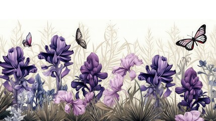 seamless pattern garden iris and butterfly engraving style