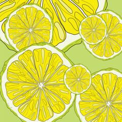 Pattern with lemons, slices of lemons on a green background. Image for blog, poster, flyer, printable, decor elements, place for text