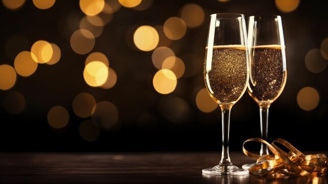 two glass of champagne for festive cheers with bokeh background
