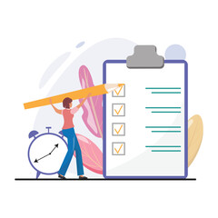 Checklist concept illustration with a woman holding a big pencil