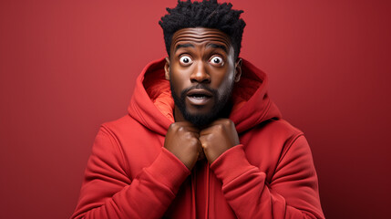Man with amazed face and eyes. Young man with surprised face and red hoodie and red plain background with copy space. Concept of astonishment. - obrazy, fototapety, plakaty
