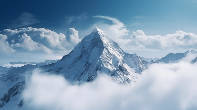 Magnificent snow-capped peak above the clouds with a blue sky