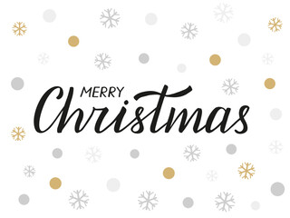 Merry Christmas. Handwritten lettering. Modern brush ink calligraphy. Black text isolated on white with colored snowflakes and circles for greeting card, print, poster.