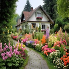 Fototapeta na wymiar Very nice flower garden in front house Generative AI